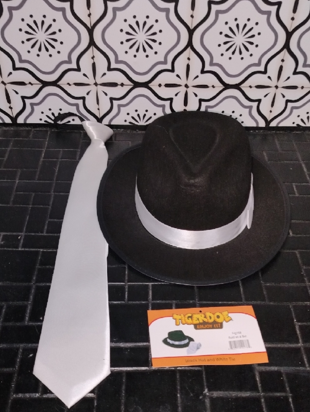 Black Fedora with White Satin Band & Matching White Tie For Fun Costume